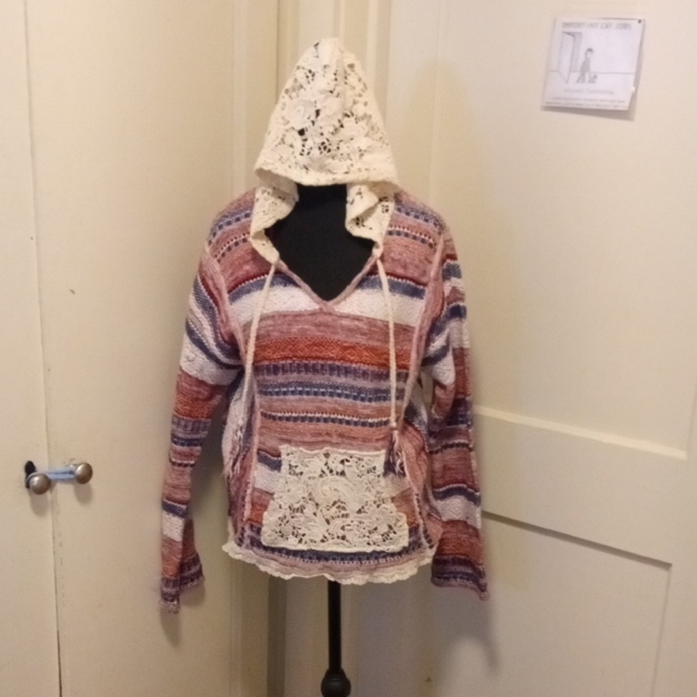 American Rag Red and Cream Knit Top with Hooded Lace Kangaroo Pocket